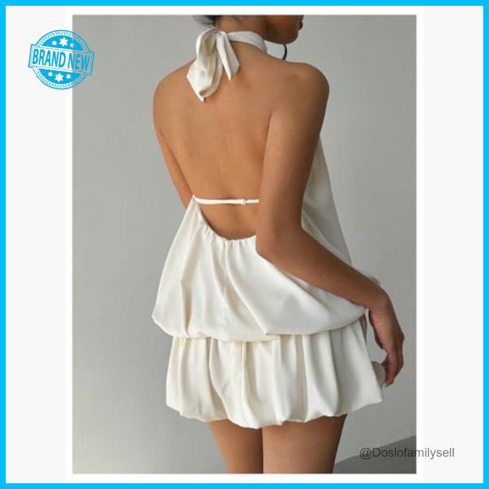 Y2K Backless Ruffle Bubble Halter Mini Dress Poly… - image 2
